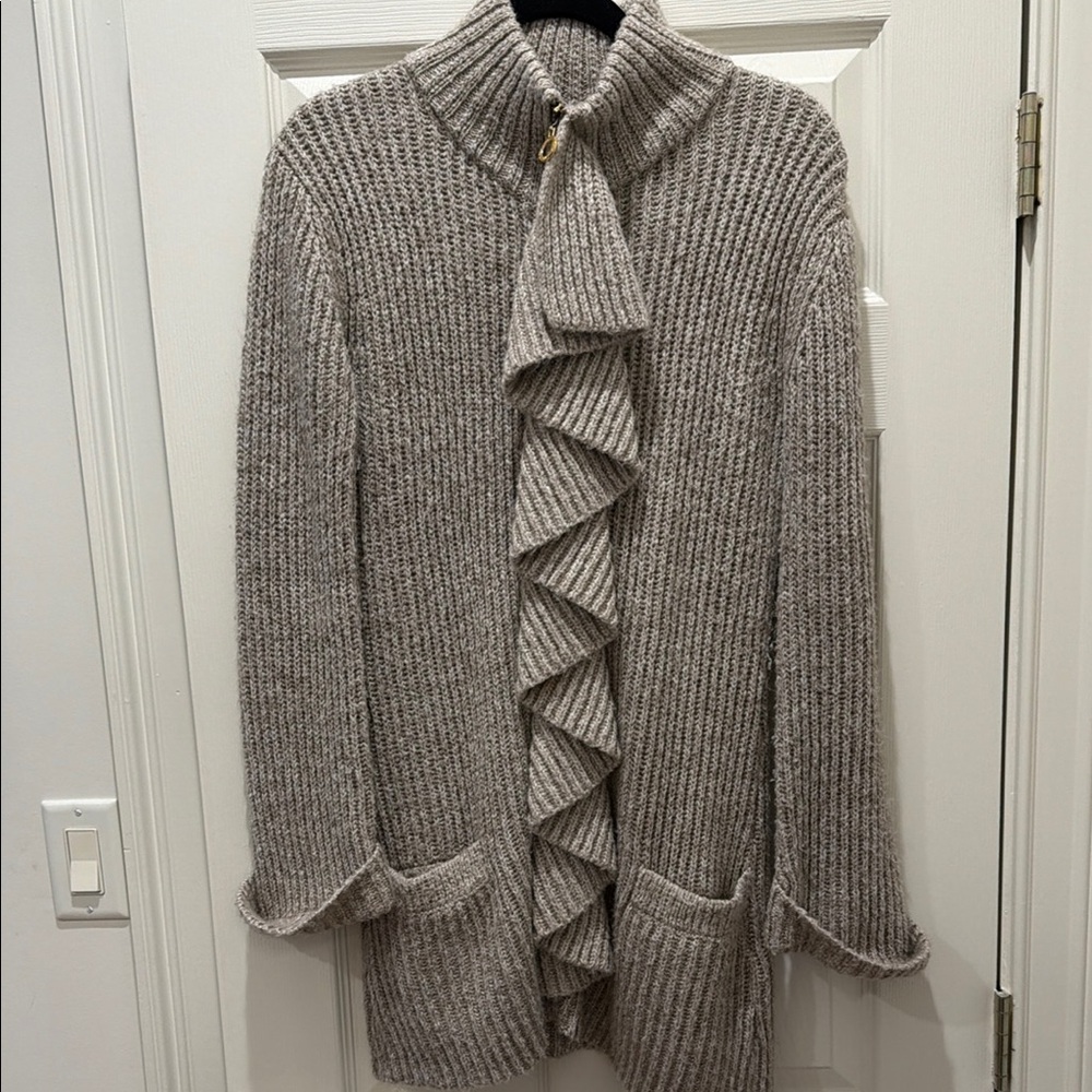 Pedro del Hierro Women's tan dress Ribbed Ruffle-Front Sweater Cardigan. Sz. S